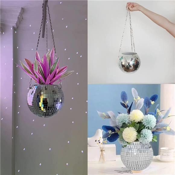 Disco Ball Planter - Unique Silver Hanging Planter with Chain & Wood Stand - 8in - Picture 2 of 5